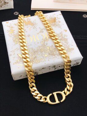 Dior Gold Chunky Curb Chain CD Logo Choker Necklace